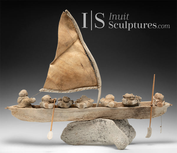 24" Masterpiece Whale Bone Umiak (Boat) by world famous Bob Kussy & Goota Ashoona